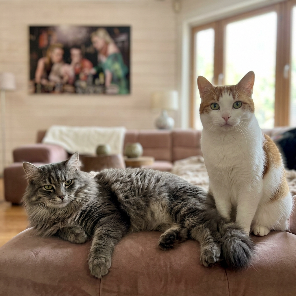 Twee katten ontspannen op de bank in de huiselijke woonkamer van Villa Kwispelbont