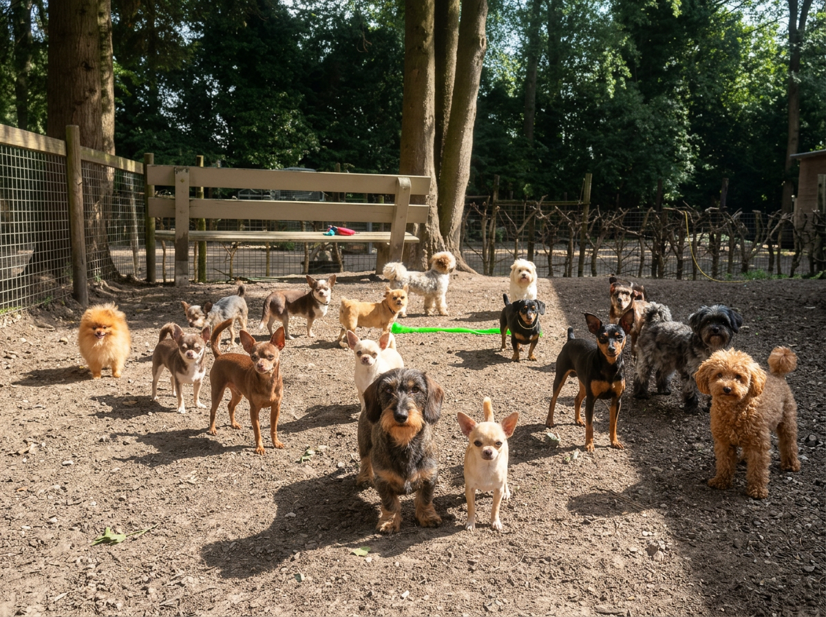 Groep kleine honden samen in de buitenren onder de bomen