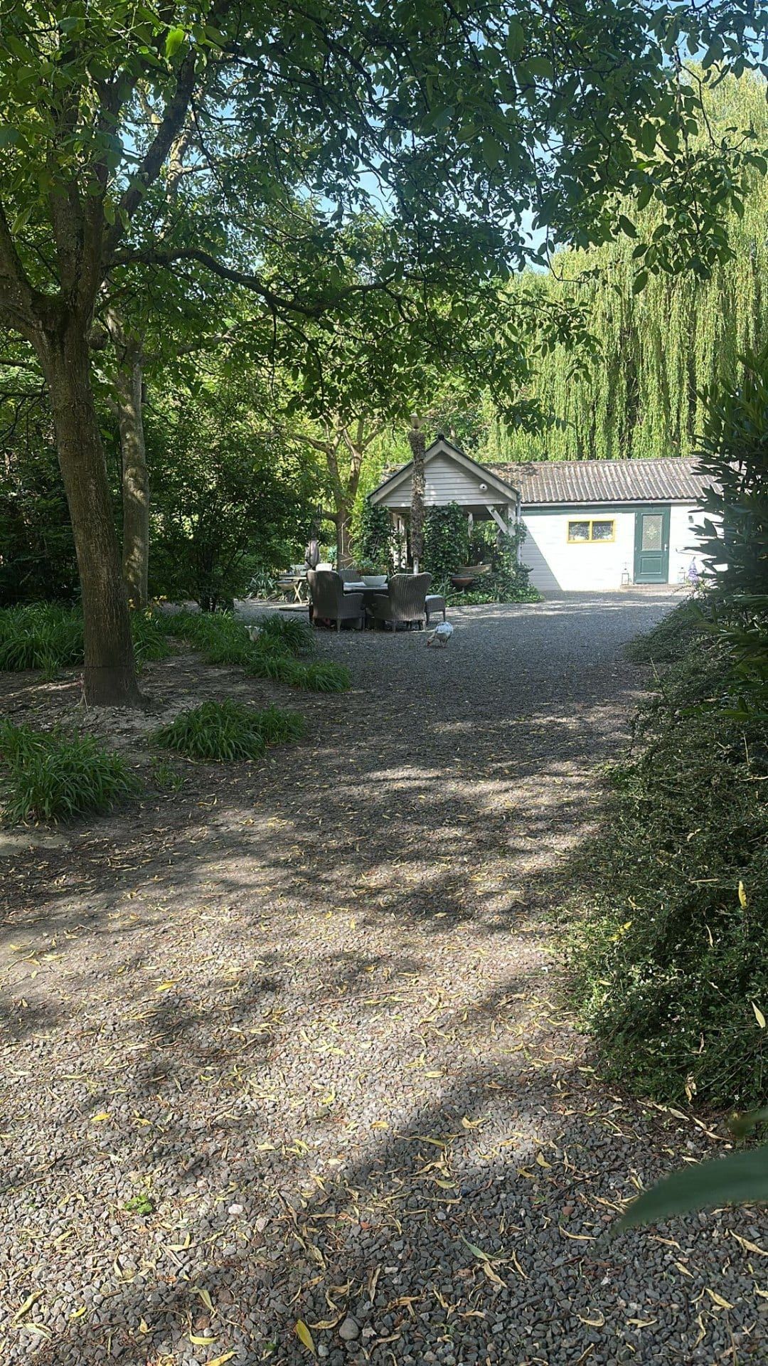 Rustig tuinzitje met prieel en treurwilg in de groene tuin van Villa Kwispelbont