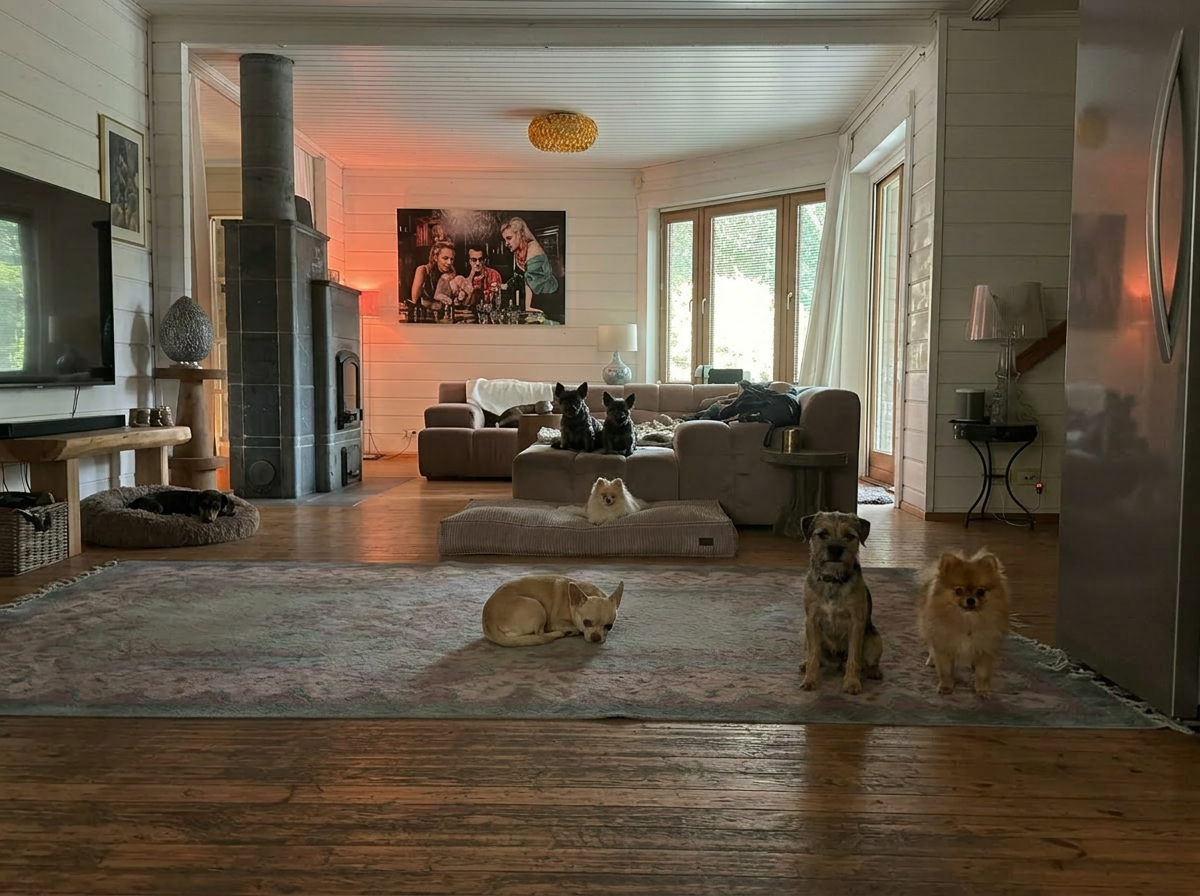 Logés ontspannen samen op de bank en het tapijt in de huiselijke woonkamer van Villa Kwispelbont