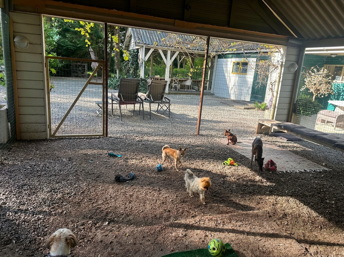 Groep kleine honden samen in de zandige buitenren onder de bomen bij Villa Kwispelbont